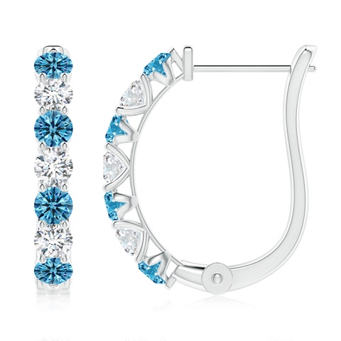 3mm AAAA Fancy Intense Blue and White Diamond Huggie Hoop Earrings in White Gold