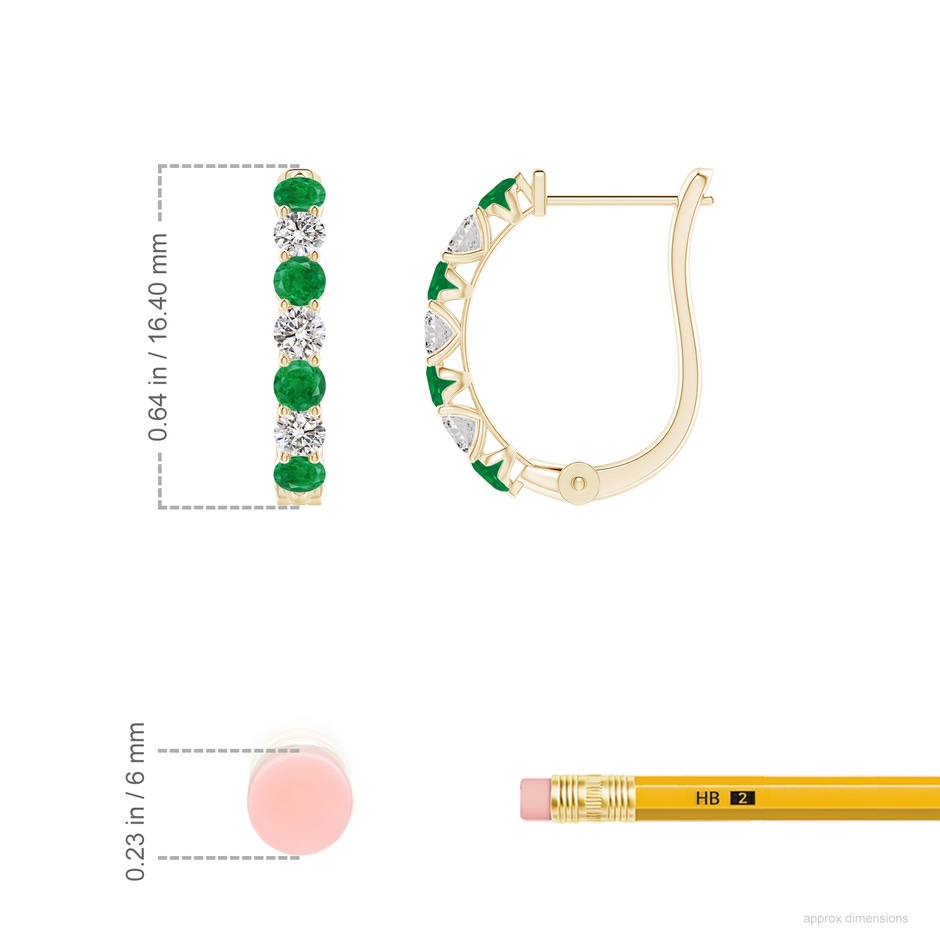 2.5mm AA Emerald and Diamond Huggie Hoop Earrings in 18K Yellow Gold ruler