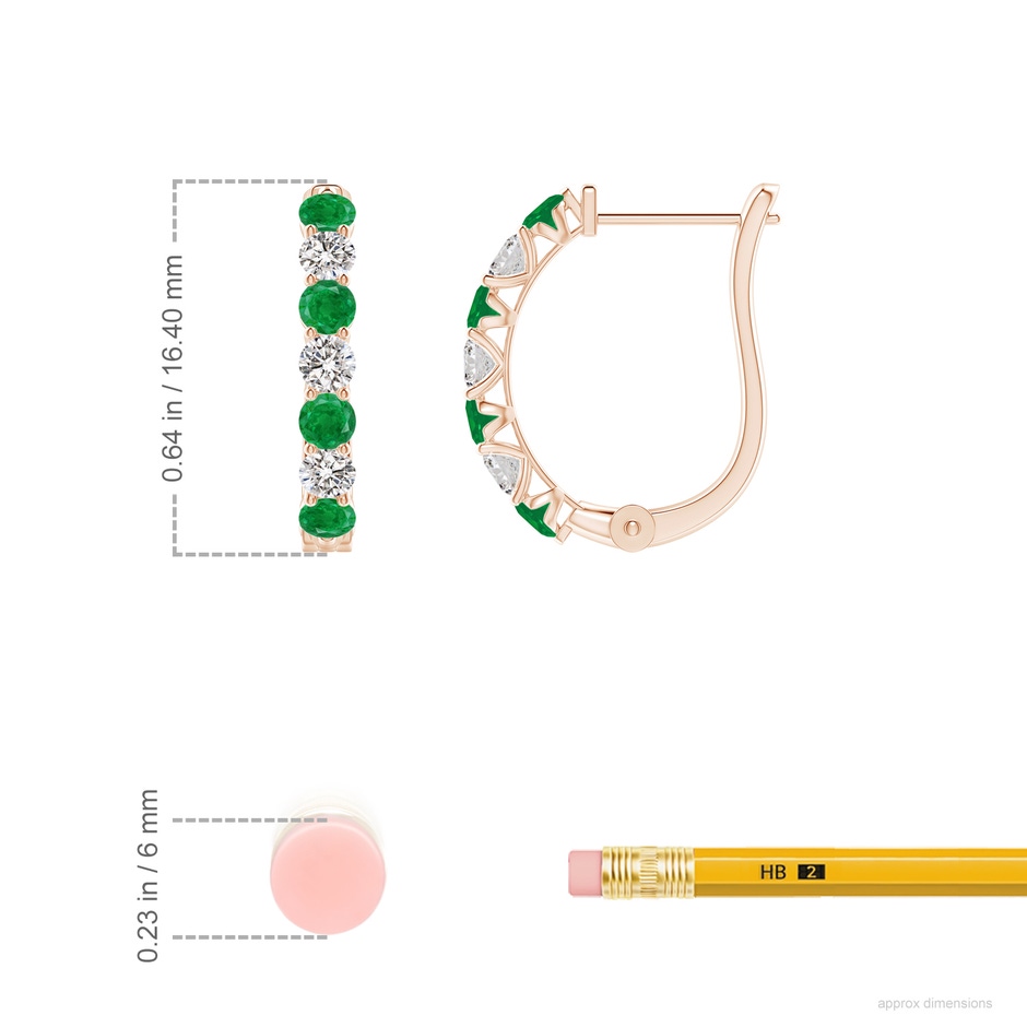 2.5mm AA Emerald and Diamond Huggie Hoop Earrings in Rose Gold ruler