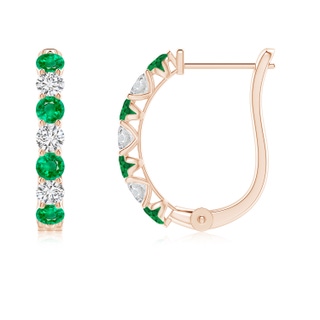 2.5mm AAA Emerald and Diamond Huggie Hoop Earrings in Rose Gold