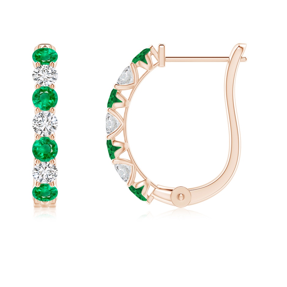2.5mm AAA Emerald and Diamond Huggie Hoop Earrings in Rose Gold 