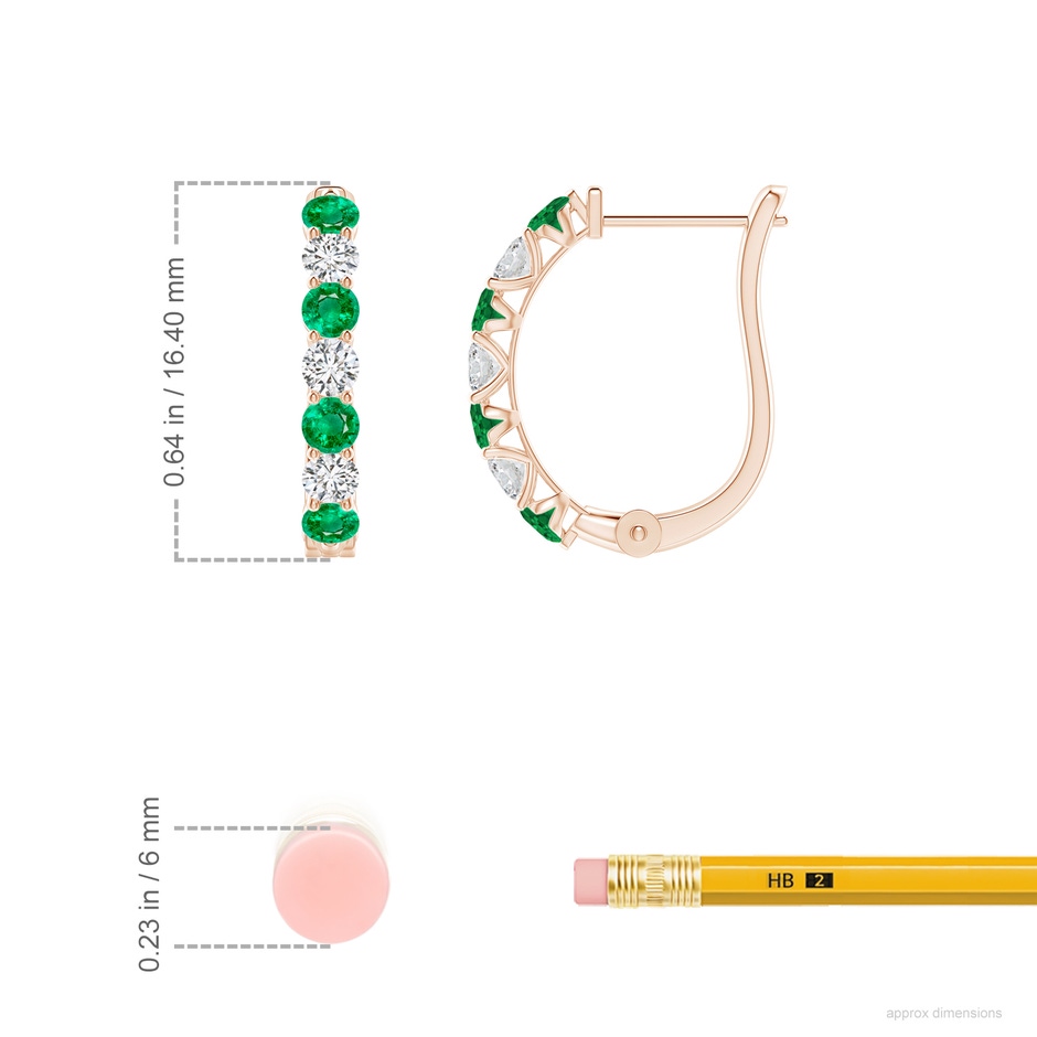 2.5mm AAA Emerald and Diamond Huggie Hoop Earrings in Rose Gold ruler