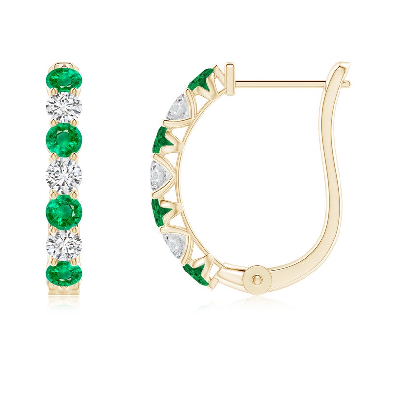 Prong-Set Emerald and Diamond Huggie Hoop Earrings