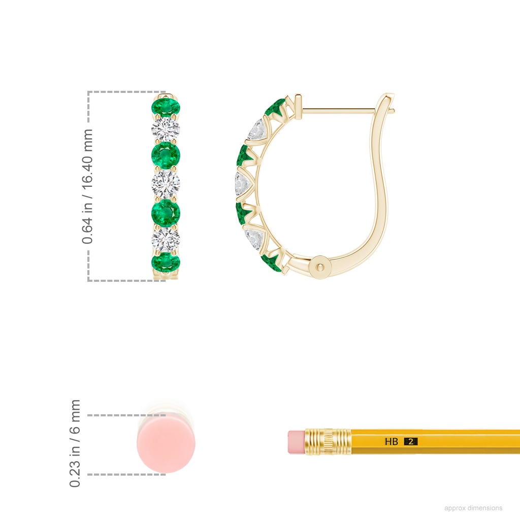 2.5mm AAA Emerald and Diamond Huggie Hoop Earrings in Yellow Gold ruler