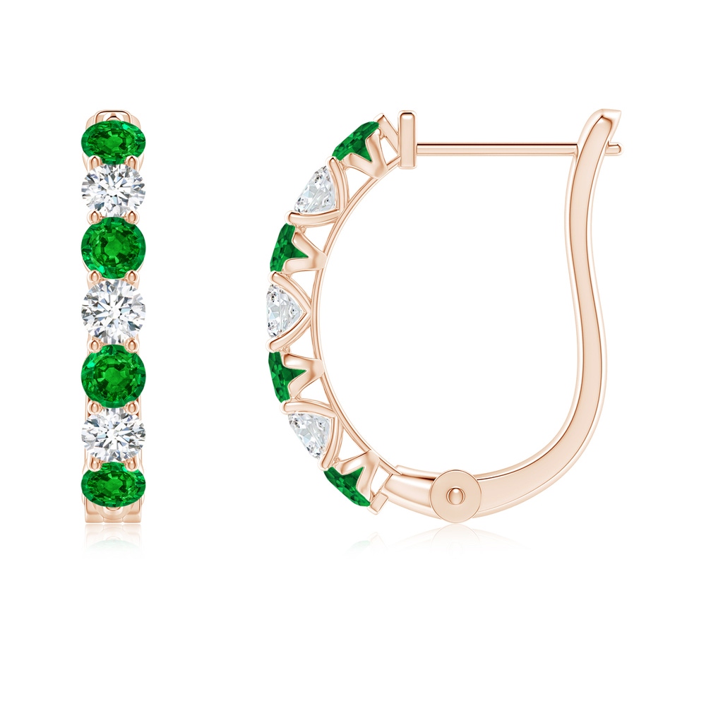 2.5mm AAAA Emerald and Diamond Huggie Hoop Earrings in Rose Gold