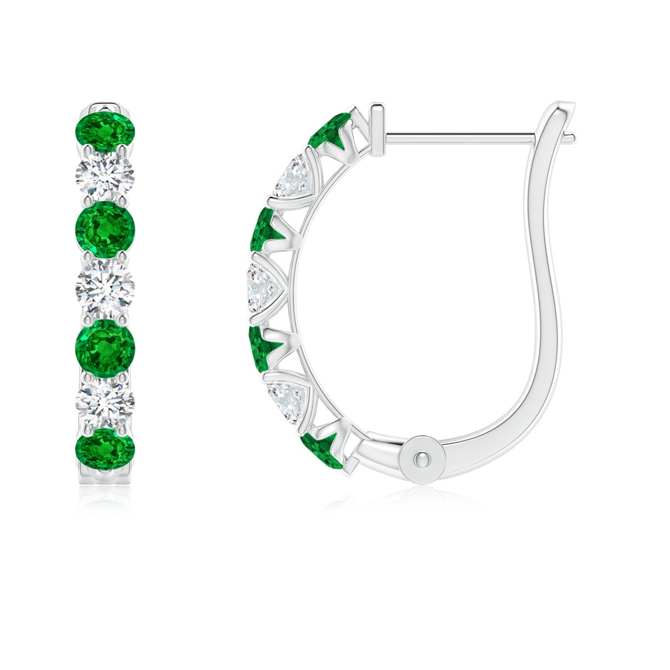 2.5mm AAAA Emerald and Diamond Huggie Hoop Earrings in White Gold 