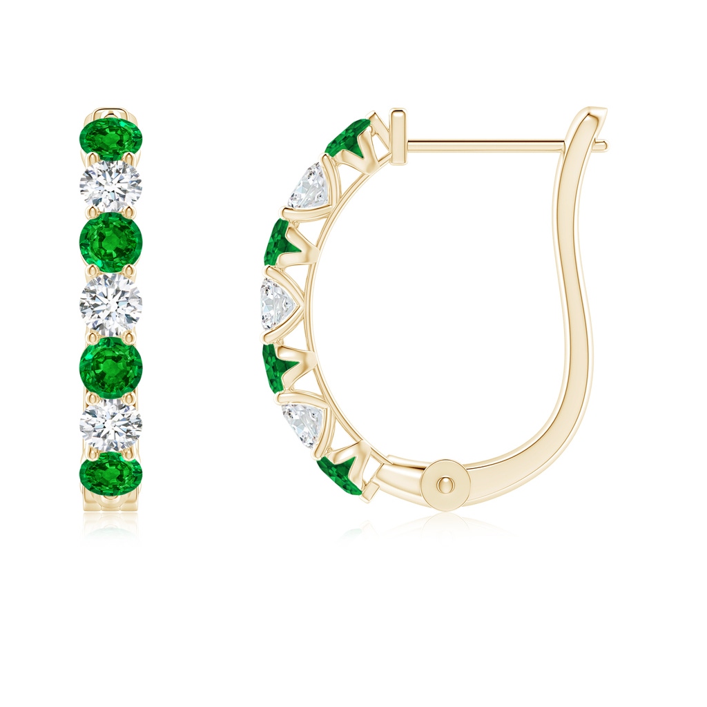 2.5mm AAAA Emerald and Diamond Huggie Hoop Earrings in Yellow Gold