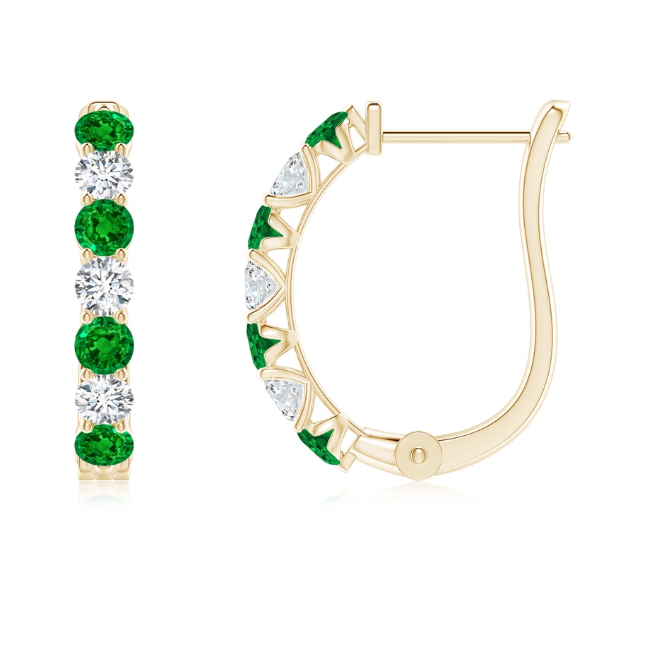 2.5mm AAAA Emerald and Diamond Huggie Hoop Earrings in Yellow Gold 