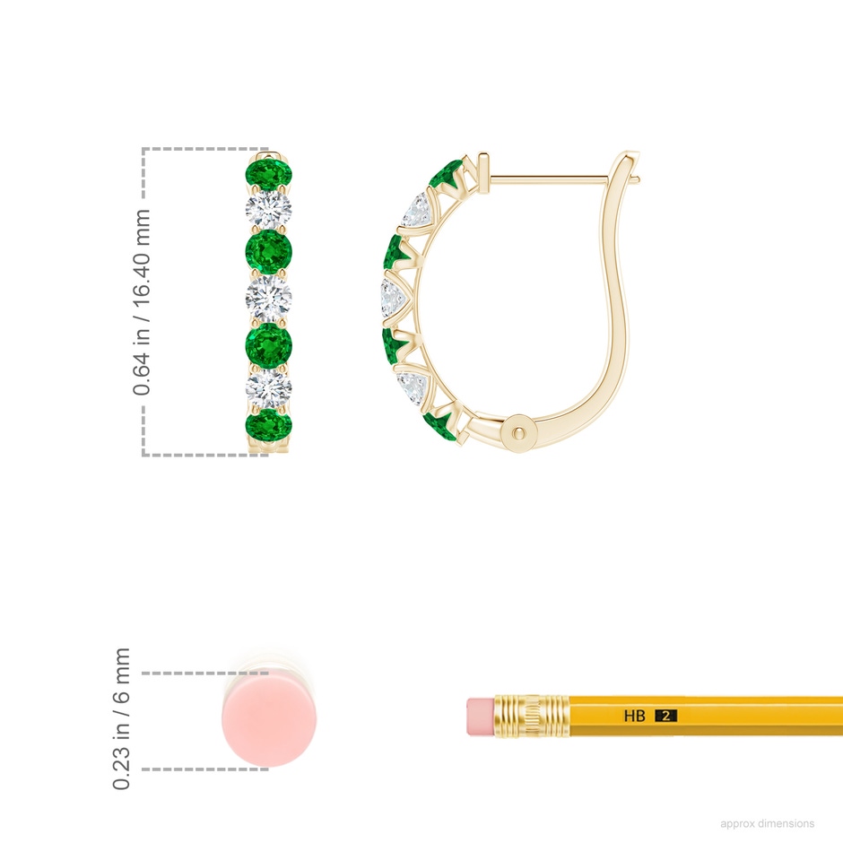2.5mm AAAA Emerald and Diamond Huggie Hoop Earrings in Yellow Gold ruler