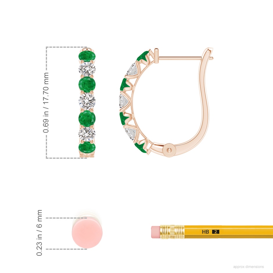2.8mm AA Emerald and Diamond Huggie Hoop Earrings in Rose Gold ruler