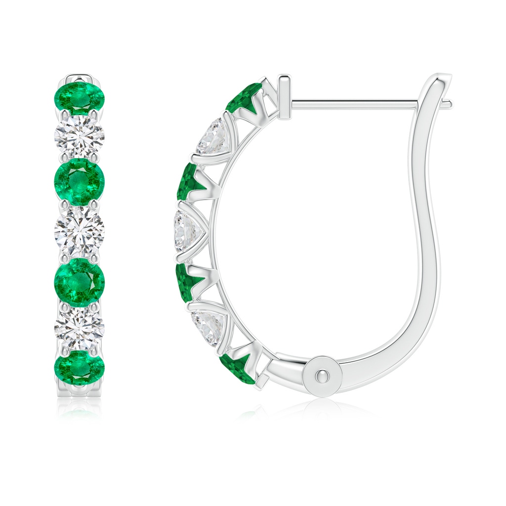 2.8mm AAA Emerald and Diamond Huggie Hoop Earrings in 9K White Gold 