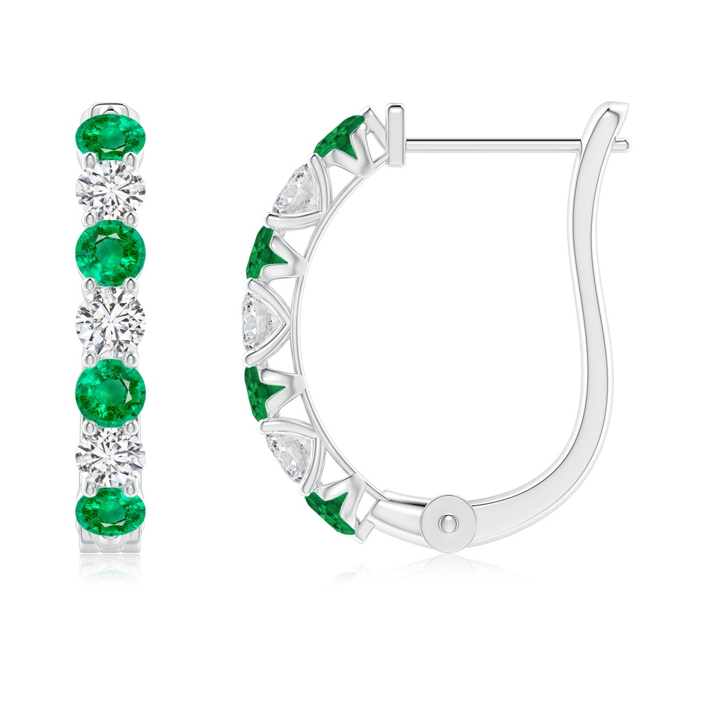 2.8mm AAA Emerald and Diamond Huggie Hoop Earrings in 9K White Gold