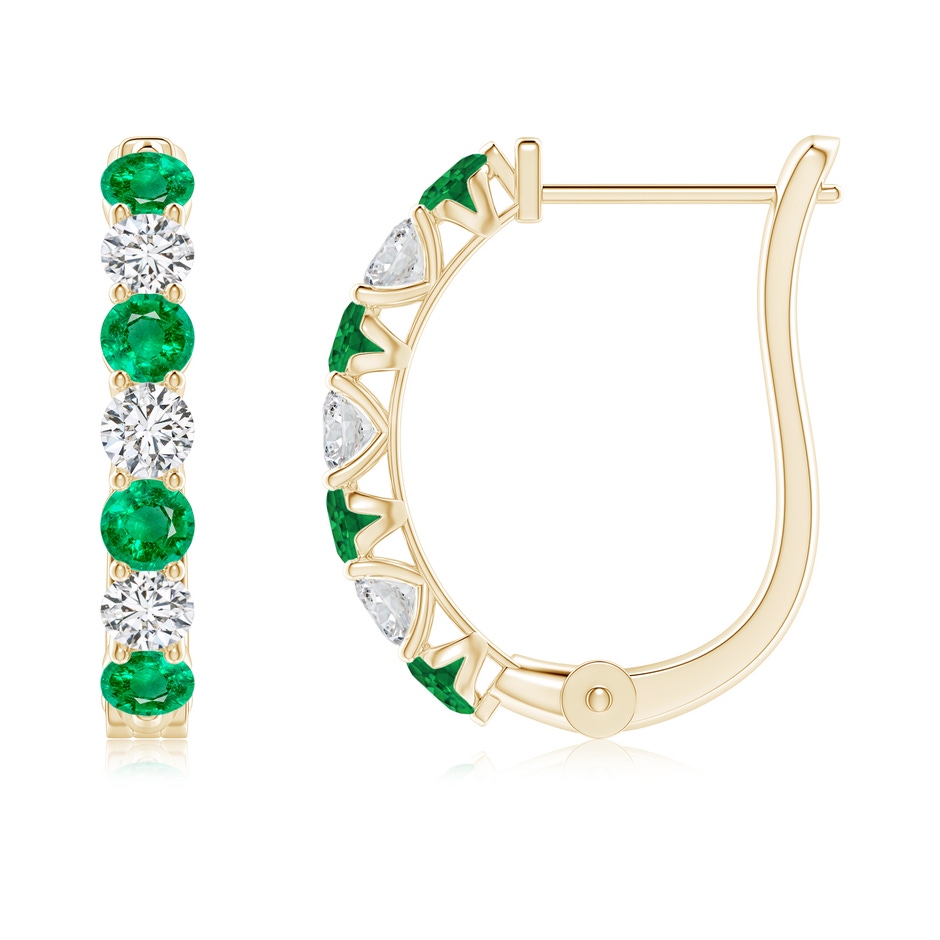 2.8mm AAA Emerald and Diamond Huggie Hoop Earrings in Yellow Gold 