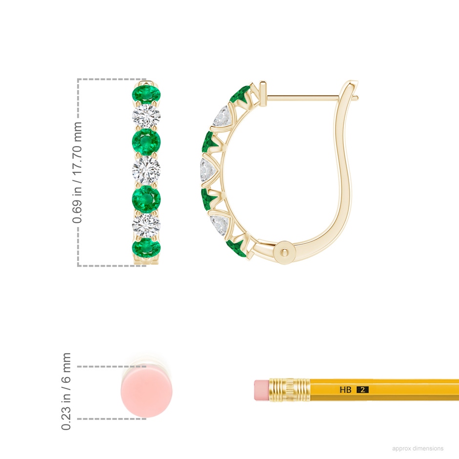 2.8mm AAA Emerald and Diamond Huggie Hoop Earrings in Yellow Gold ruler