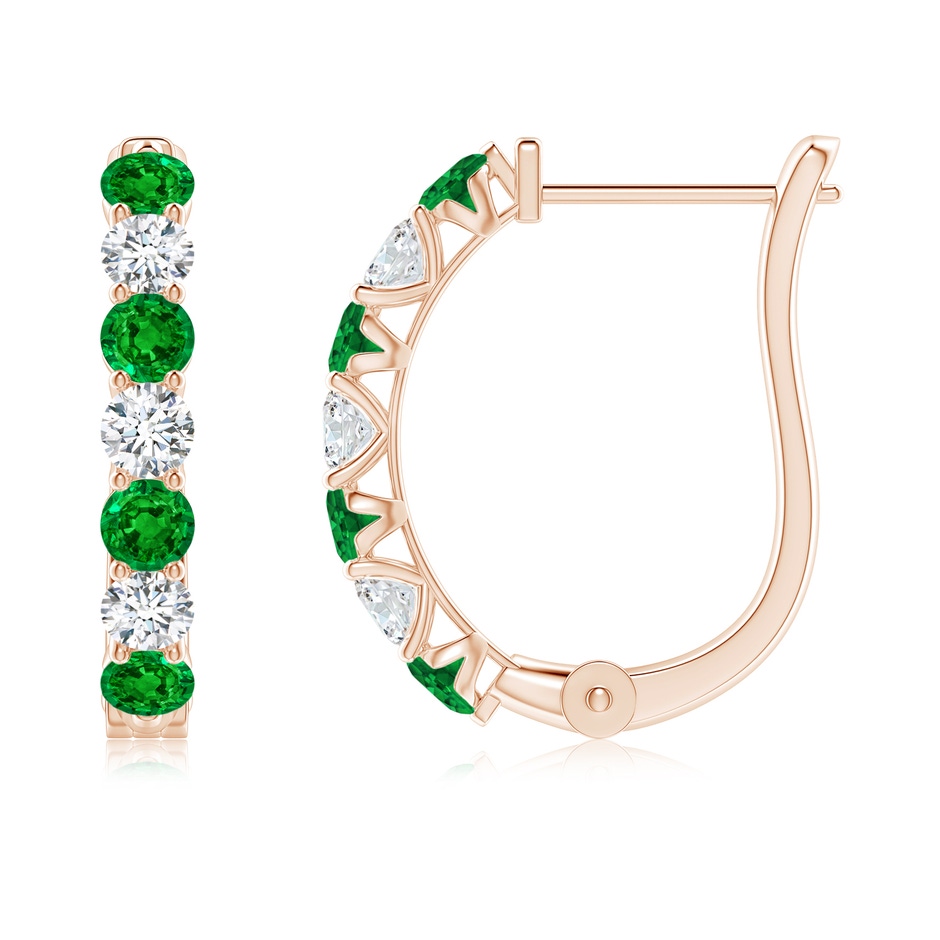 2.8mm AAAA Emerald and Diamond Huggie Hoop Earrings in Rose Gold 
