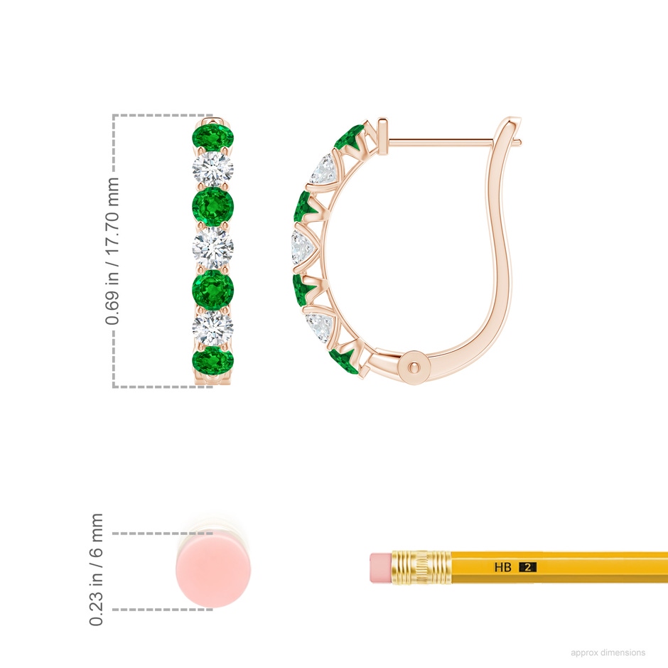 2.8mm AAAA Emerald and Diamond Huggie Hoop Earrings in Rose Gold ruler