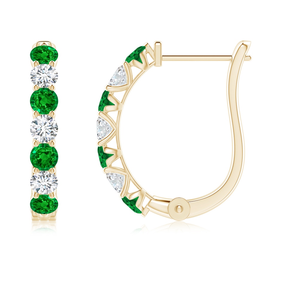 2.8mm AAAA Emerald and Diamond Huggie Hoop Earrings in Yellow Gold 