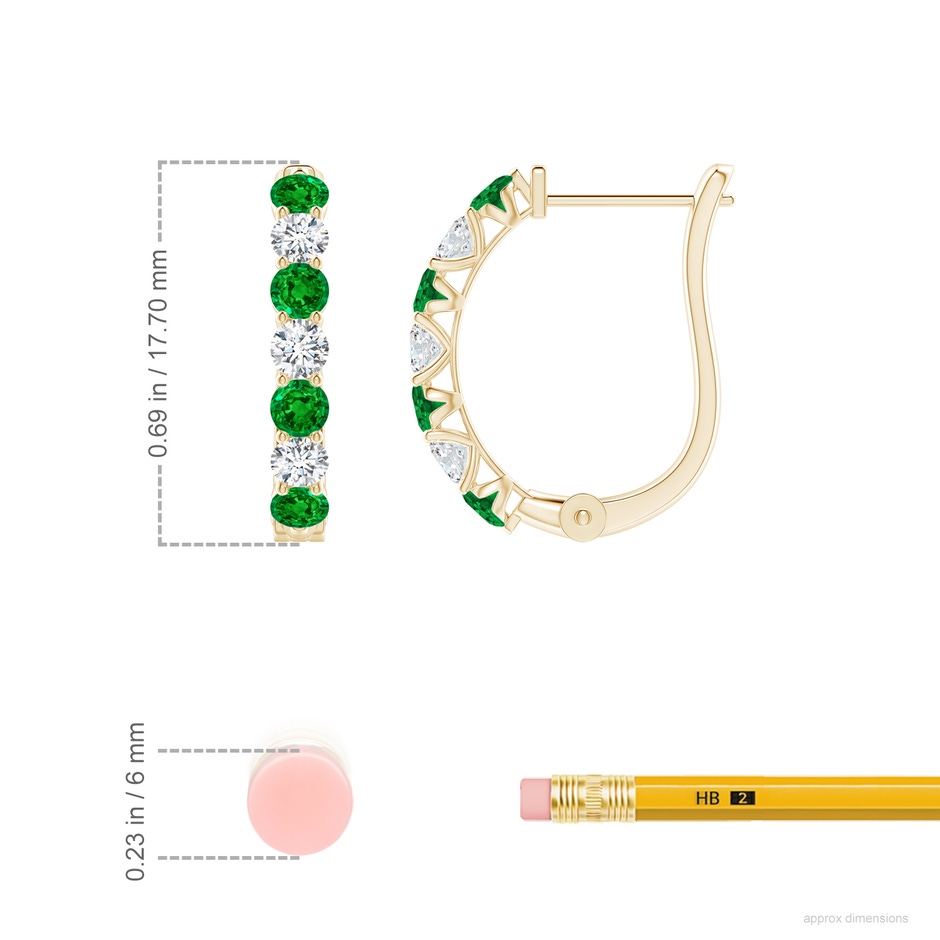 2.8mm AAAA Emerald and Diamond Huggie Hoop Earrings in Yellow Gold ruler
