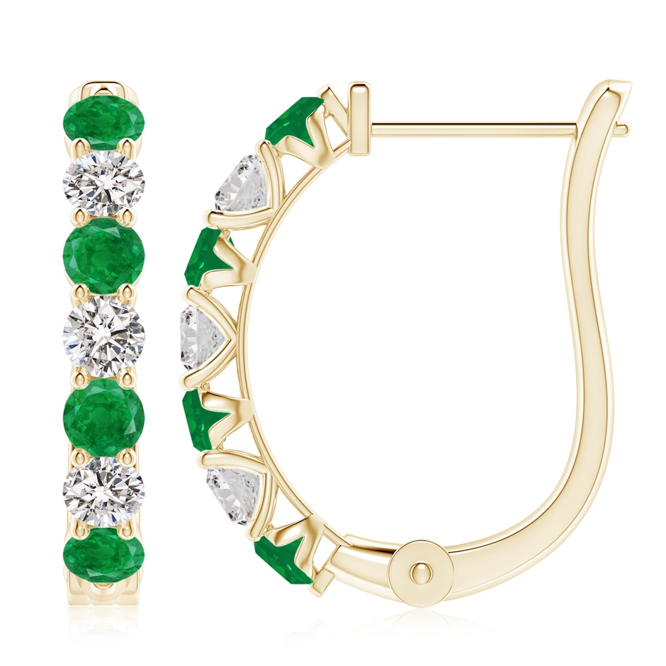 3.5mm AA Emerald and Diamond Huggie Hoop Earrings in Yellow Gold 