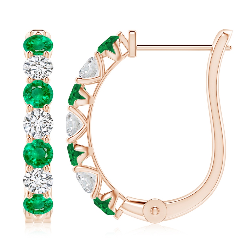 3.5mm AAA Emerald and Diamond Huggie Hoop Earrings in 18K Rose Gold 