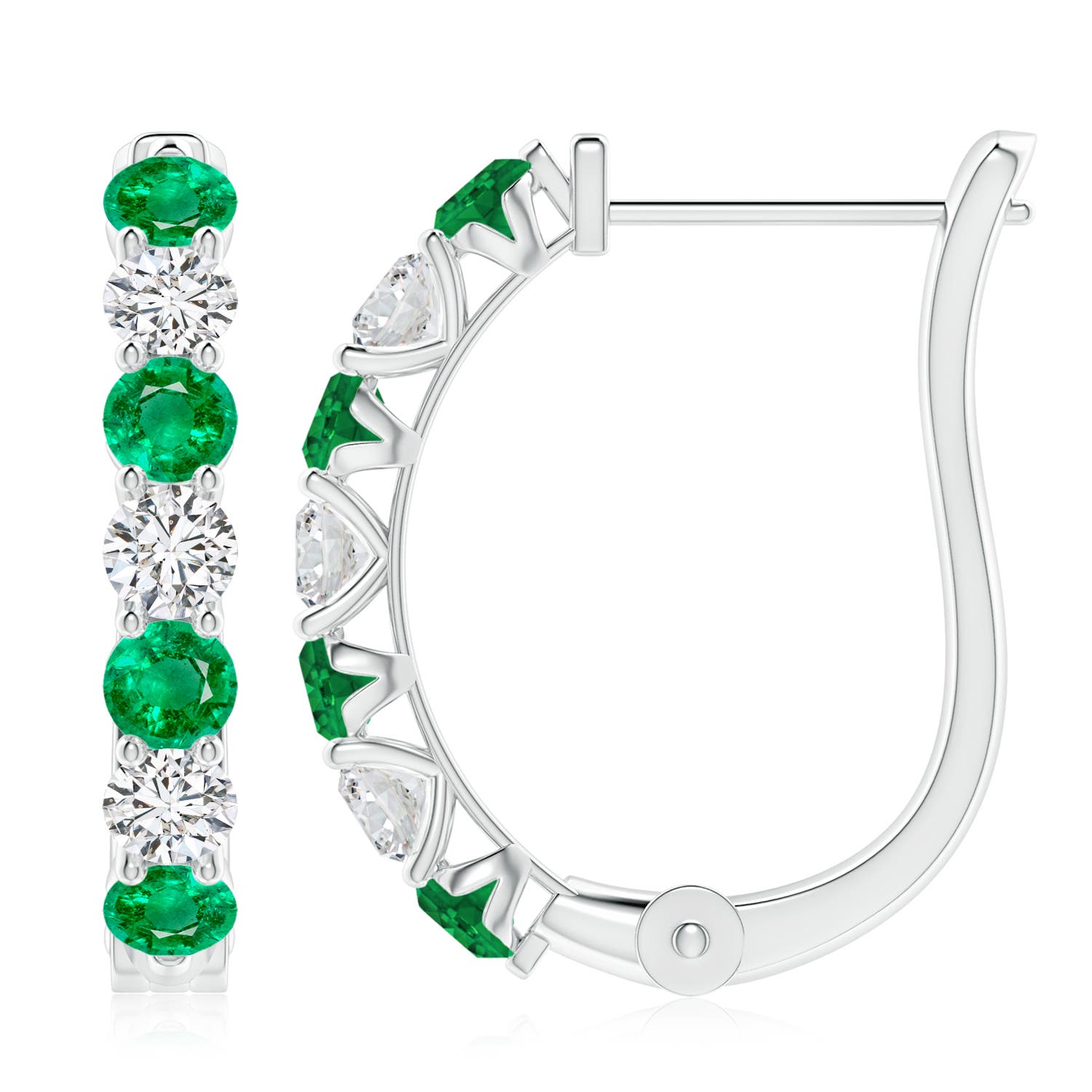 3.5mm AAA Emerald and Diamond Huggie Hoop Earrings in White Gold