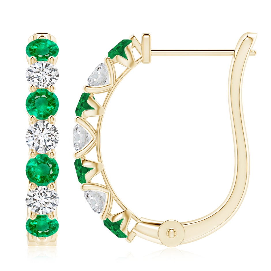 3.5mm AAA Emerald and Diamond Huggie Hoop Earrings in Yellow Gold 