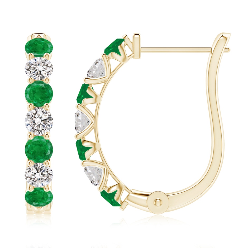 3mm AA Emerald and Diamond Huggie Hoop Earrings in Yellow Gold 