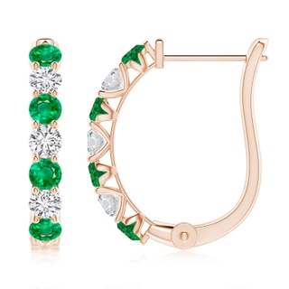 3mm AAA Emerald and Diamond Huggie Hoop Earrings in 18K Rose Gold