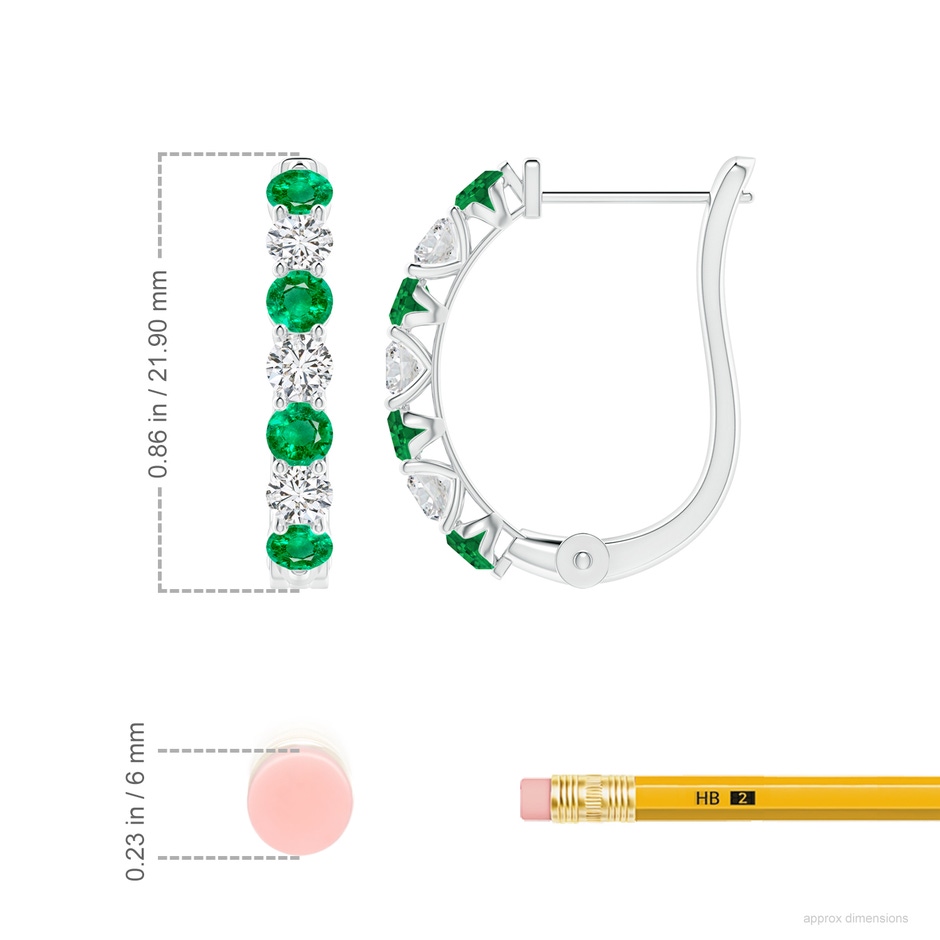 3mm AAA Emerald and Diamond Huggie Hoop Earrings in White Gold ruler