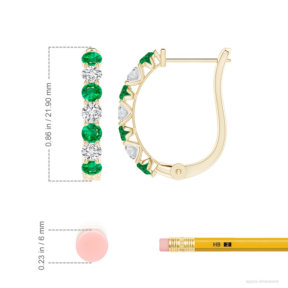 3mm AAA Emerald and Diamond Huggie Hoop Earrings in Yellow Gold ruler