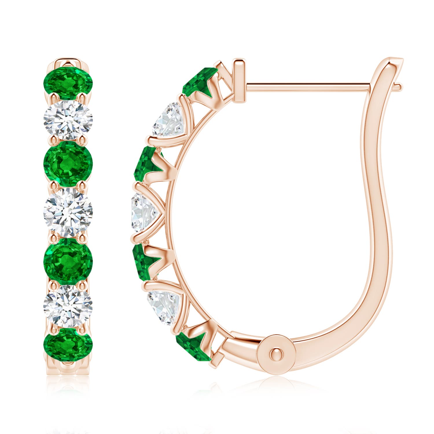 3mm AAAA Emerald and Diamond Huggie Hoop Earrings in Rose Gold