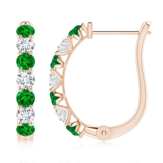 3mm AAAA Emerald and Diamond Huggie Hoop Earrings in Rose Gold