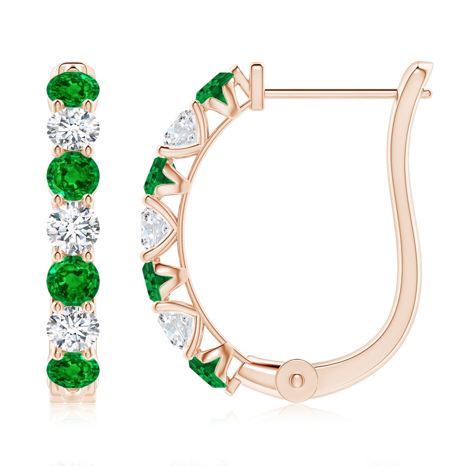 3mm AAAA Emerald and Diamond Huggie Hoop Earrings in Rose Gold 