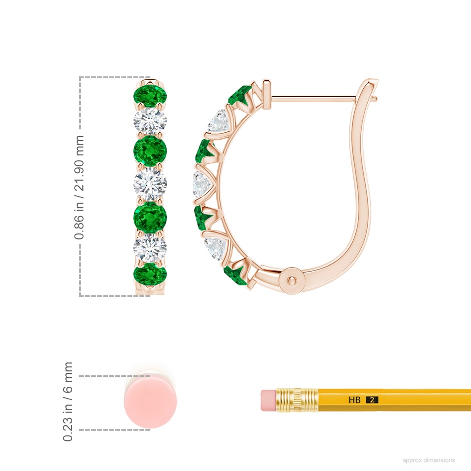 3mm AAAA Emerald and Diamond Huggie Hoop Earrings in Rose Gold ruler