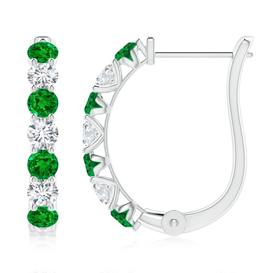 3mm AAAA Emerald and Diamond Huggie Hoop Earrings in White Gold 