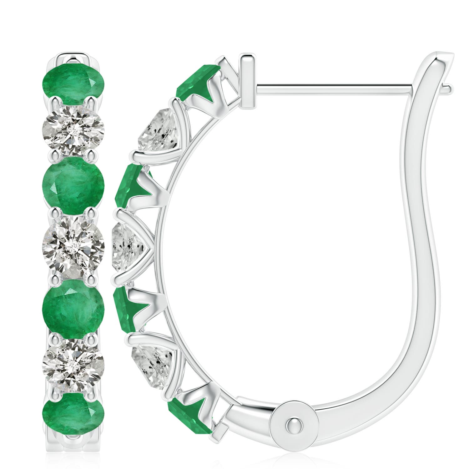 4mm A Emerald and Diamond Huggie Hoop Earrings in White Gold