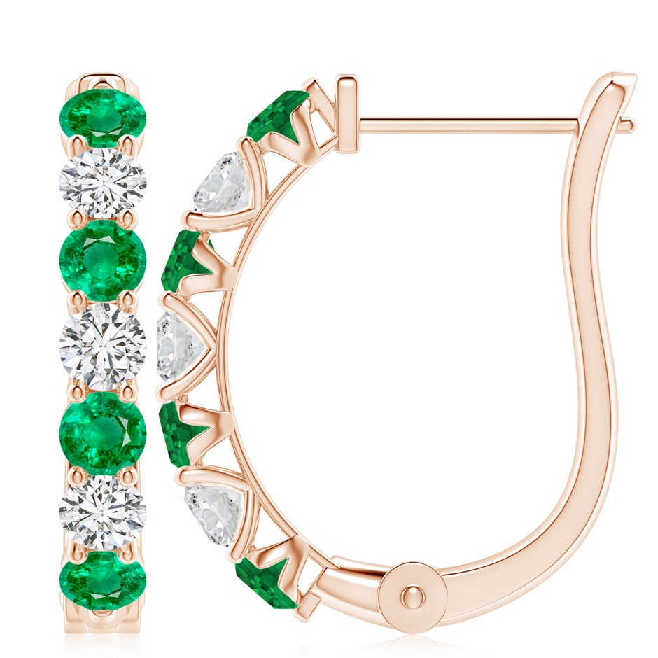 4mm AAA Emerald and Diamond Huggie Hoop Earrings in Rose Gold 