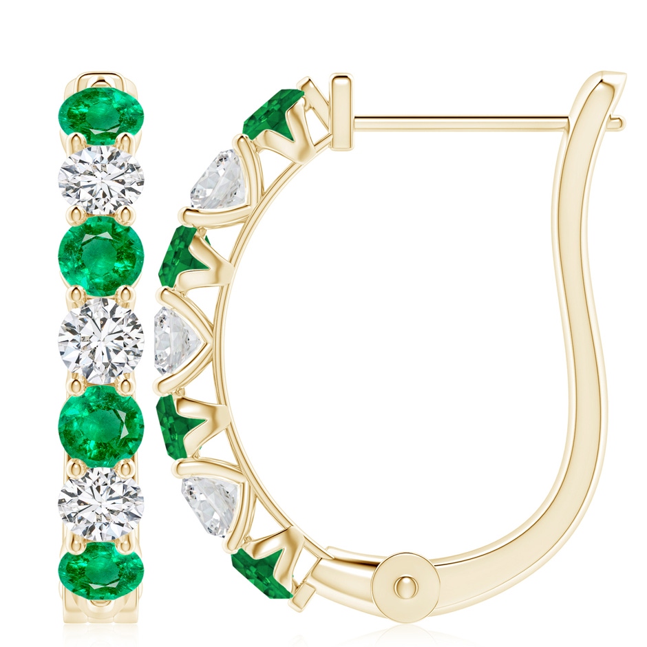 4mm AAA Emerald and Diamond Huggie Hoop Earrings in Yellow Gold 