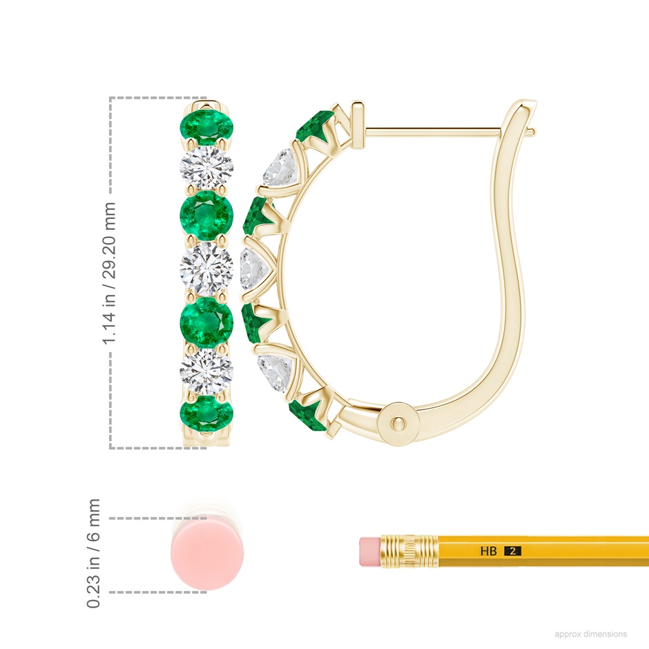 4mm AAA Emerald and Diamond Huggie Hoop Earrings in Yellow Gold ruler