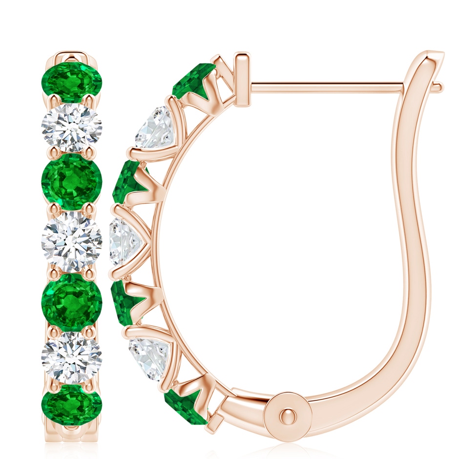 4mm AAAA Emerald and Diamond Huggie Hoop Earrings in Rose Gold 