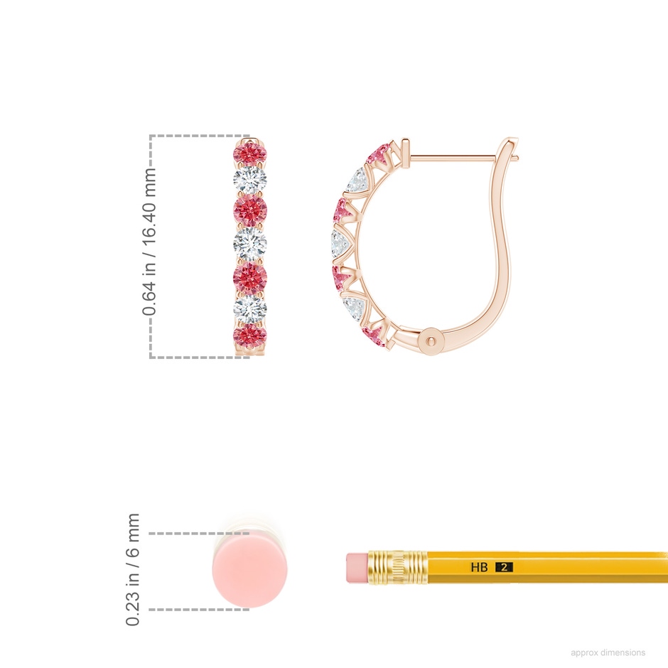 2.5mm AAAA Fancy Intense Pink and White Diamond Huggie Hoop Earrings in 18K Rose Gold ruler
