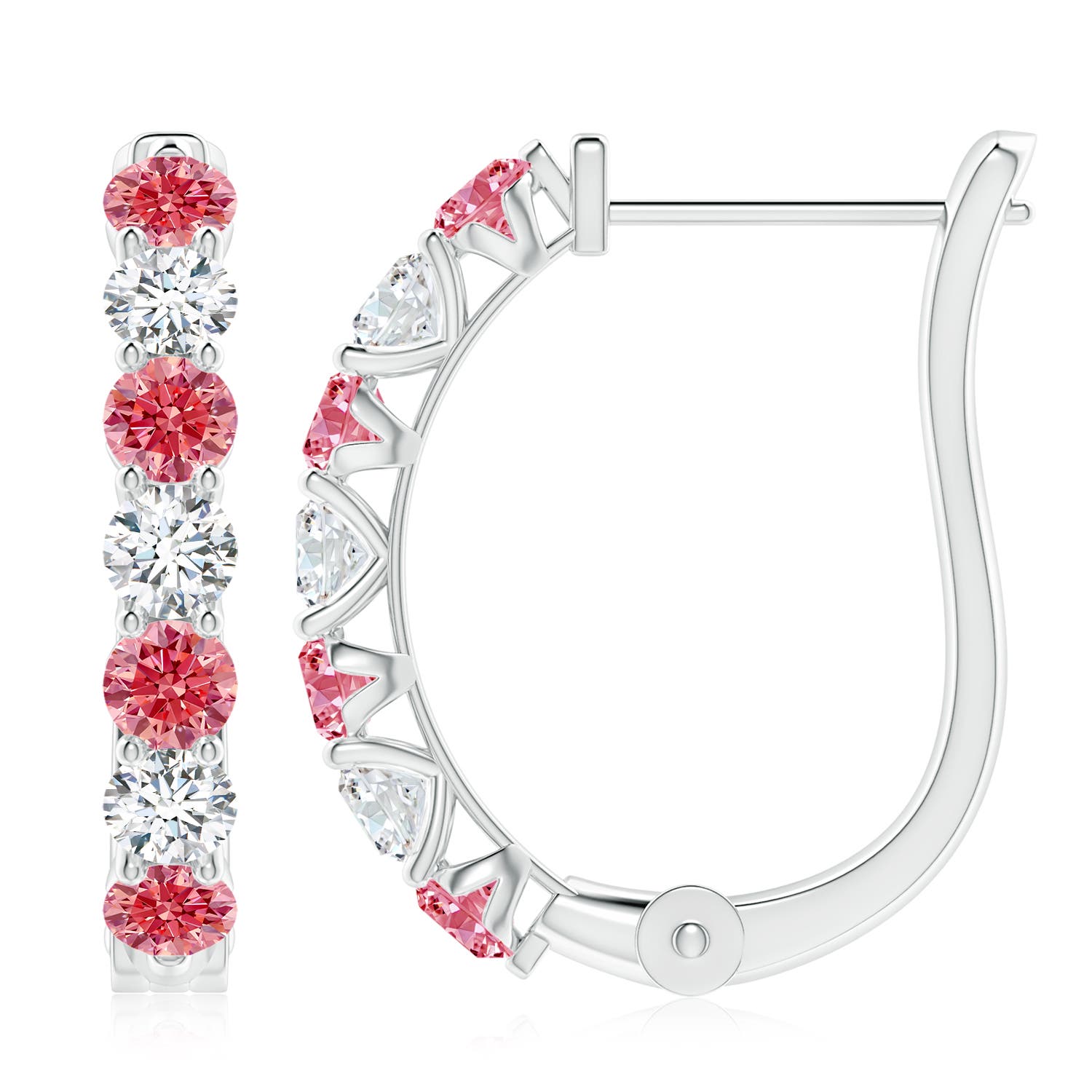Angara 2.04 CTW Prong-Set Fancy Intense Pink and White Diamond Huggie Hoop Earrings in 14K White Gold