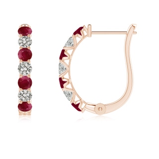 2.5mm A Ruby and Diamond Huggie Hoop Earrings in 9K Rose Gold