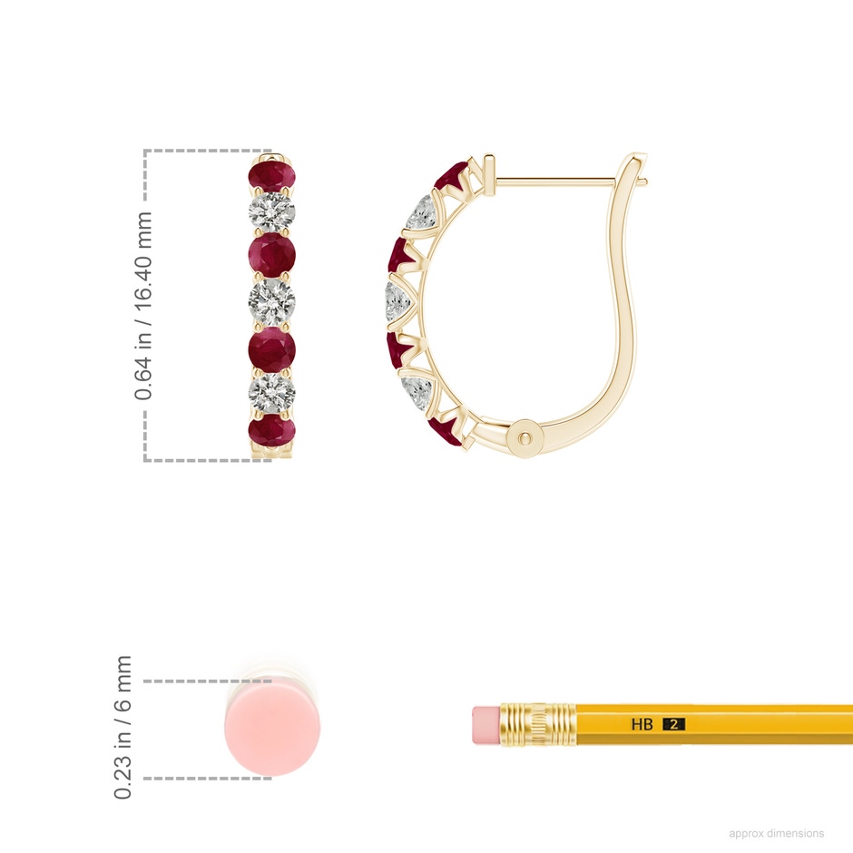 2.5mm A Ruby and Diamond Huggie Hoop Earrings in Yellow Gold ruler