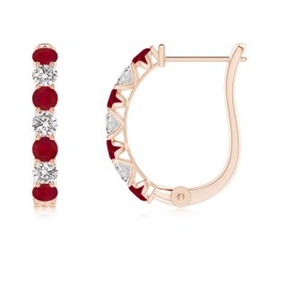 2.5mm AA Ruby and Diamond Huggie Hoop Earrings in 9K Rose Gold