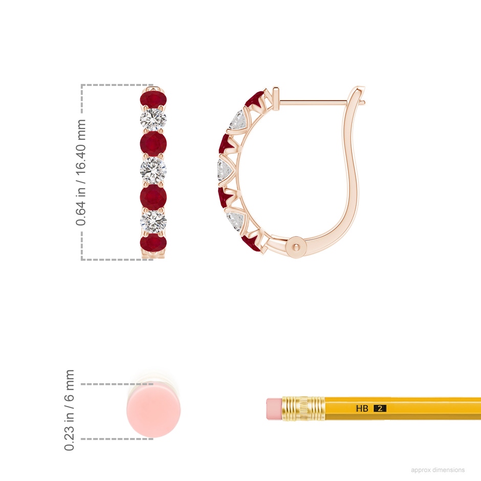 2.5mm AA Ruby and Diamond Huggie Hoop Earrings in Rose Gold ruler