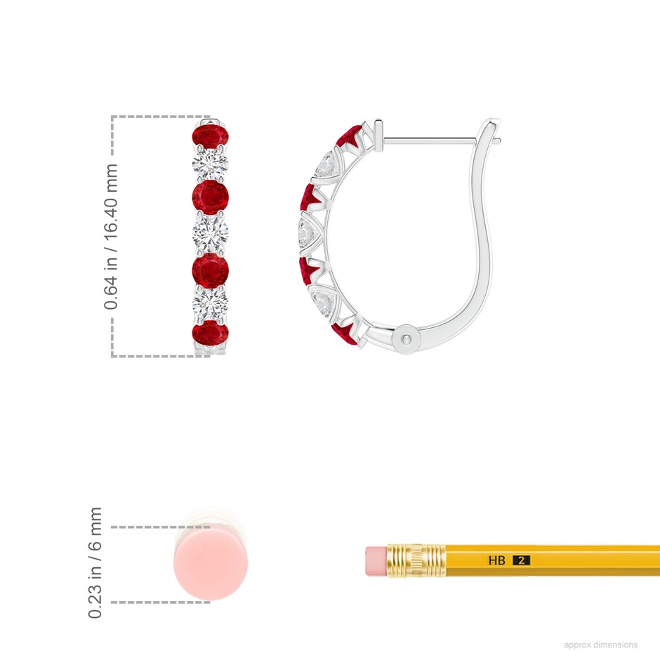 2.5mm AAA Ruby and Diamond Huggie Hoop Earrings in P950 Platinum ruler