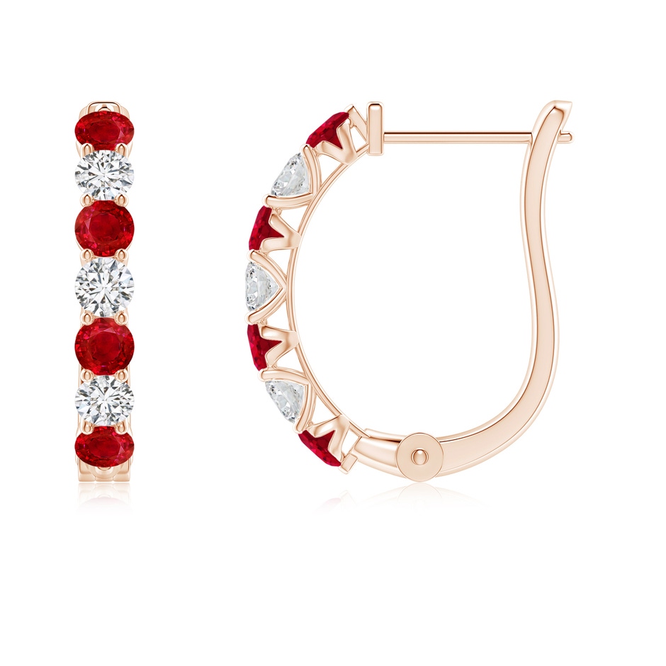 2.5mm AAA Ruby and Diamond Huggie Hoop Earrings in Rose Gold 