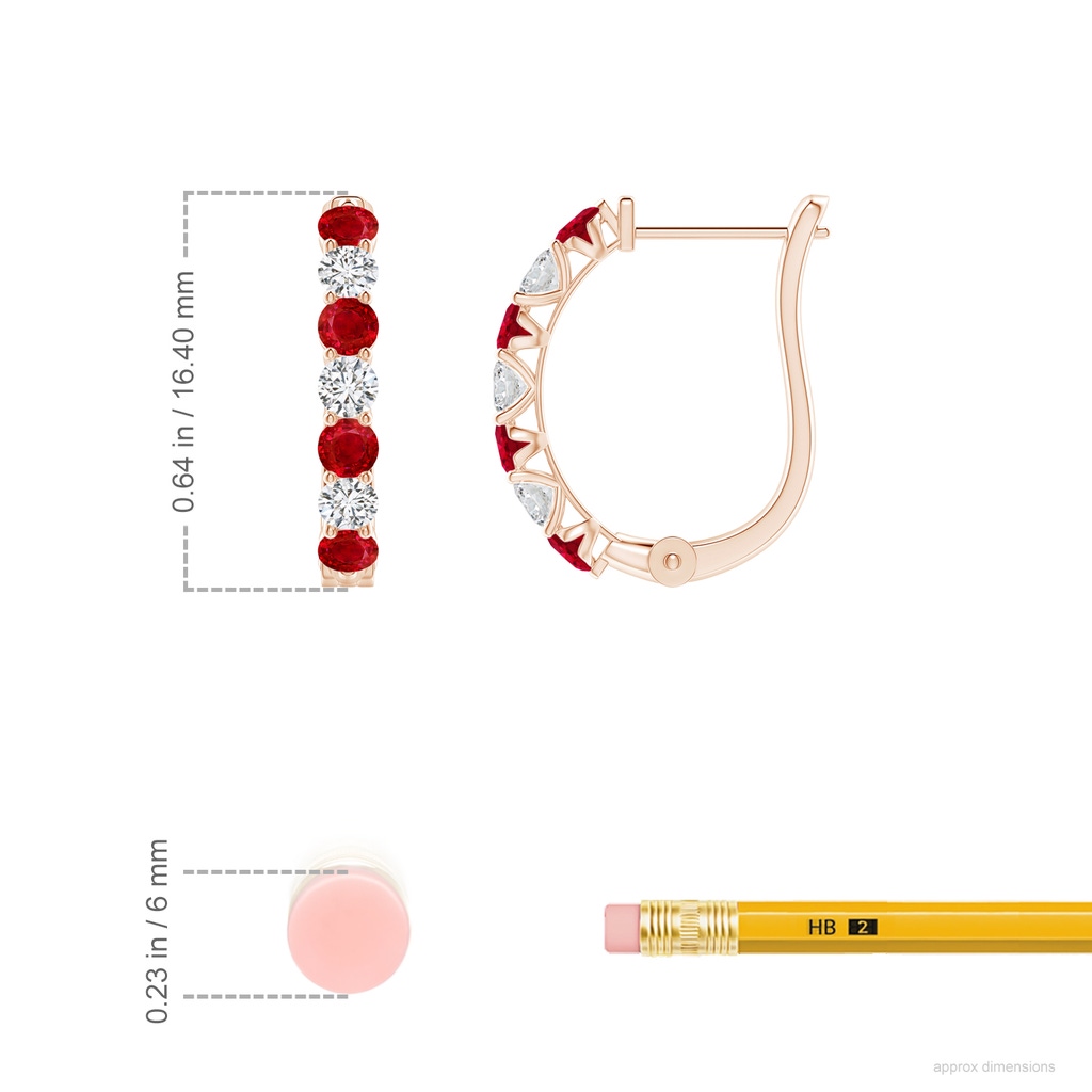2.5mm AAA Ruby and Diamond Huggie Hoop Earrings in Rose Gold ruler
