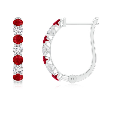 2.5mm AAA Ruby and Diamond Huggie Hoop Earrings in White Gold